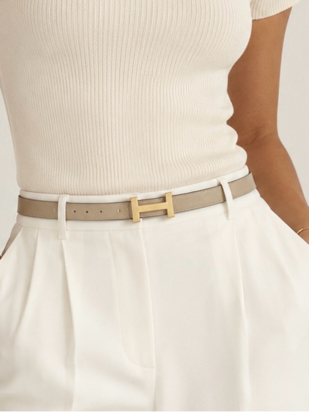 Size 110-Beige Leather Belt with Gold H-Style Buckle